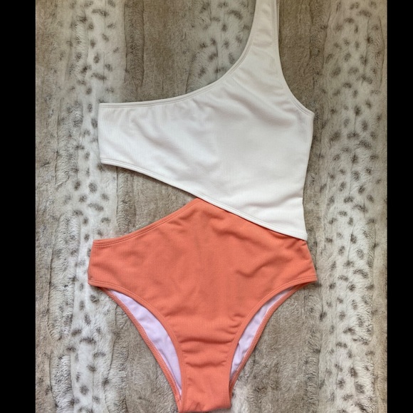 Coral and White One Piece Bikini - Picture 1 of 4